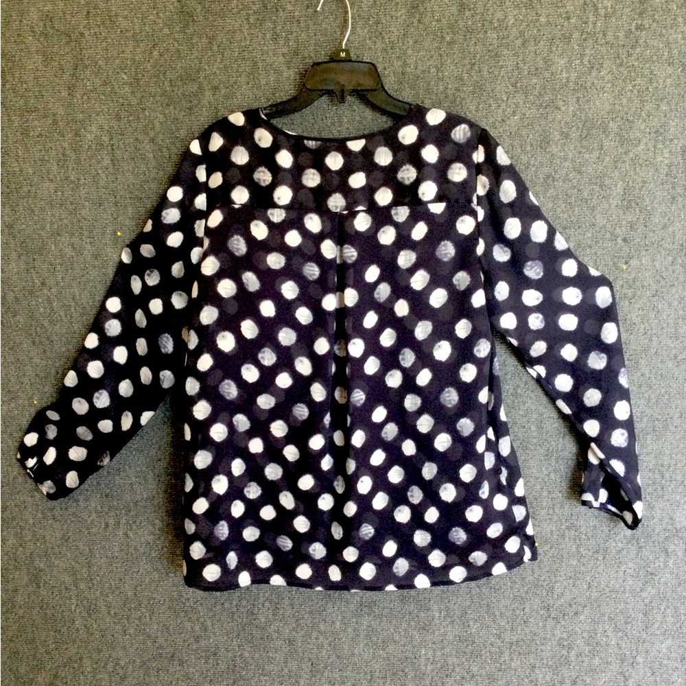 COLDWATER CREEK NAVY BLUE sheer dotty pullover M BLOUSE w/ tie neck.